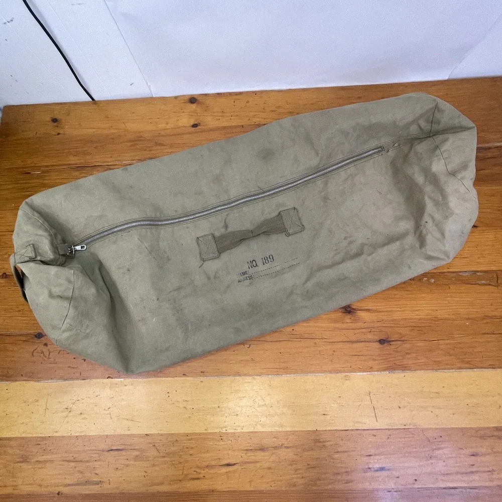 Vintage Canvas Duffel Bag Metal Zipper Side & End Handles No. 189 Stencil 37x11